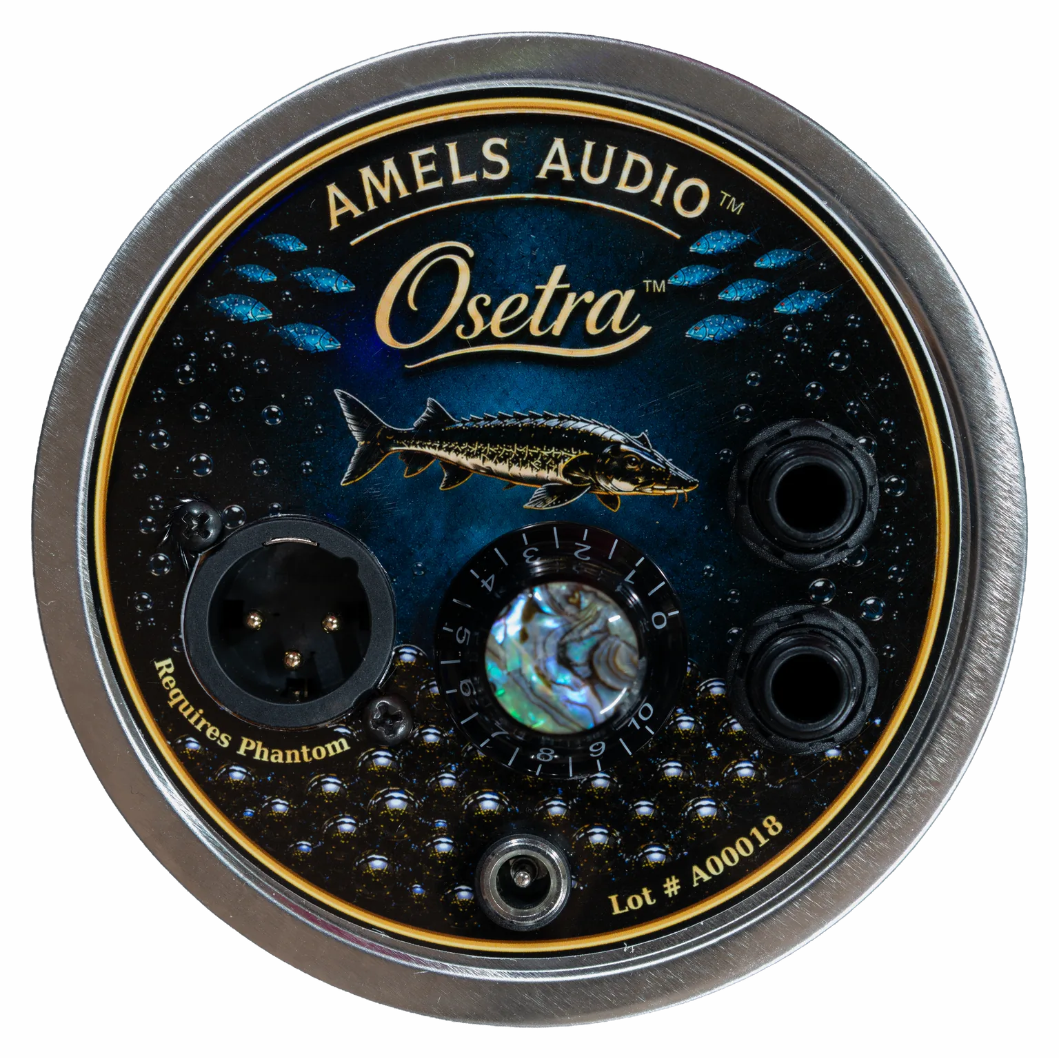 Top-down view of the Osetra Founder’s Tin controls and connections